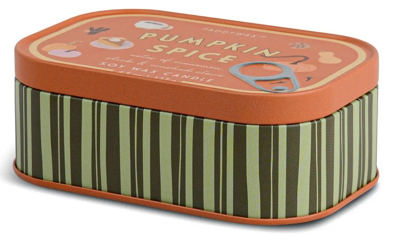 Candela profumata al pumpkin spice con note di cannella e chiodi di garofano in latta vintage, realizzata in cera di soia con due stoppini, perfetta come candela particolare da regalare